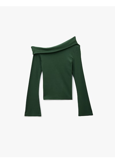Koton Pamuklu Slim Fit Uzun İspanyol Kollu Omzu Açık Tişört Haki 6wak50039ek Haki