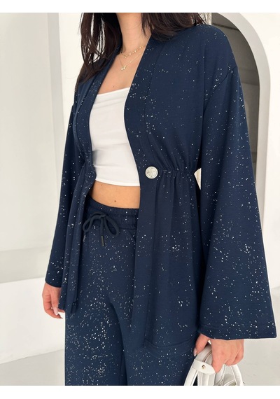 Kadın Simli Uzun Kol Modal Kumaş Kimono Pantolon İkili Takım Şık Ve Rahat Kadın Takım Lacivert Kadın Simli Uzun Kol Modal Kumaş Kimono Pantolon İkili Takım Şık Ve Rahat Kadın Takım Lacivert