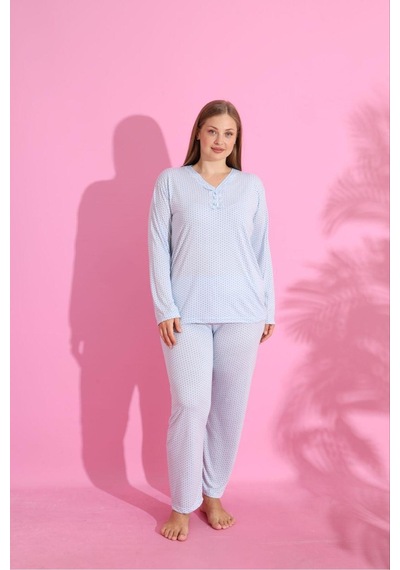 Eyfuze Kadın Büyük Beden Desenli Yakası Düğmeli Uzun Kollu Bambu Pijama Takımı Buz Mavisi Eyfuze Kadın Büyük Beden Desenli Yakası Düğmeli Uzun Kollu Bambu Pijama Takımı Buz Mavisi