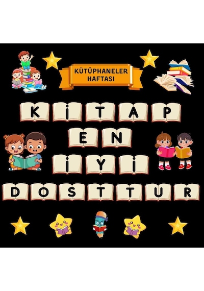 Kütüphaneler Haftası Okul Panosu Seti Kitap Sevgisi Temalı Figürlü Sınıf Süsü Hazır Kesim 7