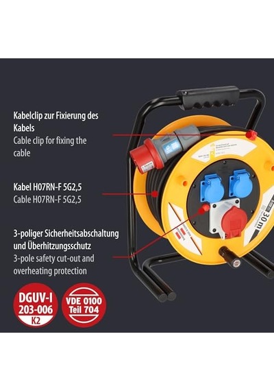 Brobusta Serisi Ip44 Lisanslı Suya Dayanıklı Cee 1 + 2 Soketli 30 Metre Makaralı Kablo