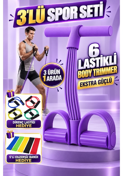 3'lü Spor Seti 3 Ürün 1 Arada Body Trimmer Tüm Vücut Şekillendirici Evde Spor Egzersiz Pilates Direnç Lastiği 5'li Bant Ve Direnç Lastiği Hediyeli Çok Renkli