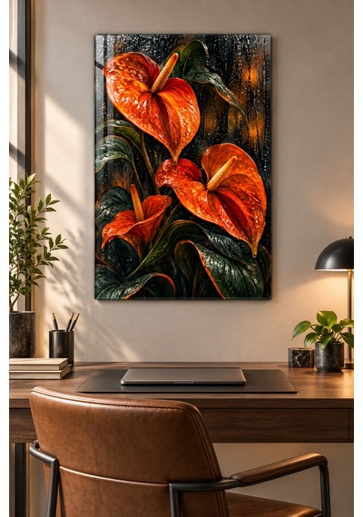 Ateş Turuncusu Anthurium Çiçekli Cam Tablo - Uv Baskı Dekoratif Duvar Tablosu