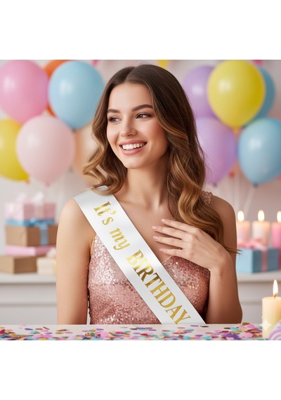 It's My Birthday Beyaz Saten Kuşak Üzeri Gold Yazılı Doğum Günü Kuşağı Diğer