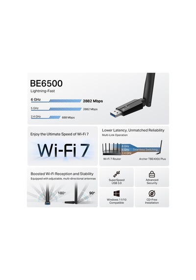 Tp-lınk Archer Tbe400u Plus Wıfı7 Be6500 Üç Bant Kablosuz Usb Ağ Adaptörü