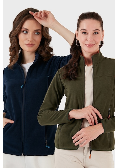 Lela Slim Fit Anti-Pilling Tüylenme Yapmayan Fermuarlı Cepli Hırka 2' Li Paket Bayan Polar 5907002S2 Haki-Lacivert