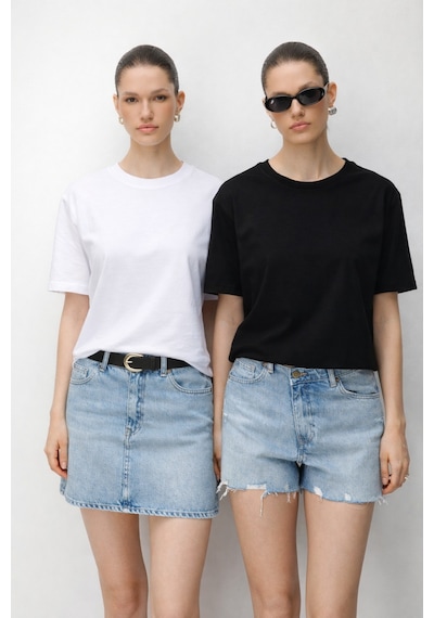 Mixray 48511 Kadın Oversize Basic %100 Pamuk 2 Li T-shirt Beyaz Siyah Siyah - Beyaz