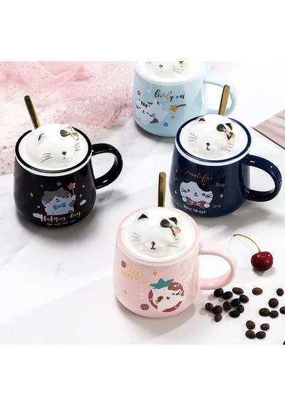 Kawai 3d Kedi Kapaklı Kaşıklı Kupa Bardak Mavi