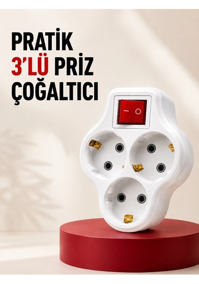 3 Lü Topraklı Priz Çoklayıcı Açma Kapama Anahtarlı Direkt Prize Takılan Adaptör 1