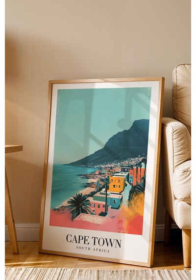 Cape Town South Africa Vintage Seyahat Posteri Çerçeveli Tablo - Premium Masa Dağı Duvar Dekoru Kayın
