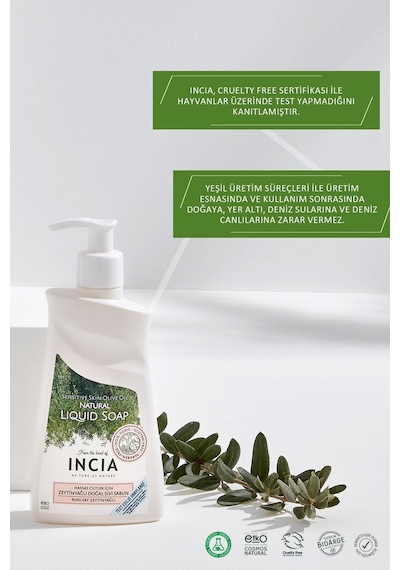 INCIA %100 Doğal Sıvı Kastil Sabunu Hassas Ciltler İçin Zeytinyağlı 10 Bitkisel Değerli Yağ Vegan 250 ML