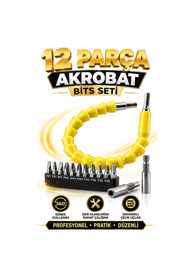 12 Parça Akrobat Bits Seti Esnek Uzatma Aparatı Tornavida Uç Seti