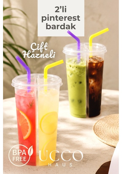 Çift Hazneli 2'li Set Pinterest İçecek Bardağı 700 Ml 350+350 Ml - Limonata Kola Kokteyl Soğuk Kahve Meşrubat Bardağı Şeffaf