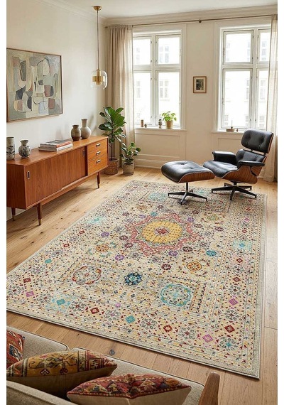 Frenda Home Fas Kapısı Desenli Yıkanabilir Pamuk Taban Halı Krem