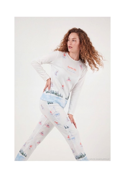 Lela Kış Temalı Bisiklet Yaka Uzun Kollu Pijama Takımı Kadın Pijama Takımı 6575019 Krem
