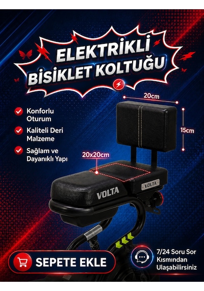 Volta Vsm Sırt Daymalı Arka Deri Koltuk, Elektrikli Bisiklet Deri Koltuk, Motosiklet Deri Koltuk, Arka Sele Çocuk Deri Koltuk Seti Siyah