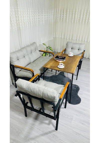 Madame Home Kadife Balkon, Bahçe,teras,cafe - Salon - Metal Kanepe Koltuk Takımı - 2+1+1 + Masa Açık Gri