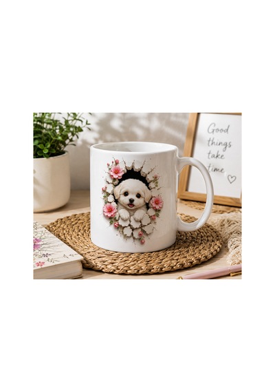 Duvarlarını Yık Serisi 3d Efektli Sevimli Köpek Yavrusu Çift Taraflı Baskılı Seramik Kupa 300 Ml Premium Kahve Kupası Beyaz