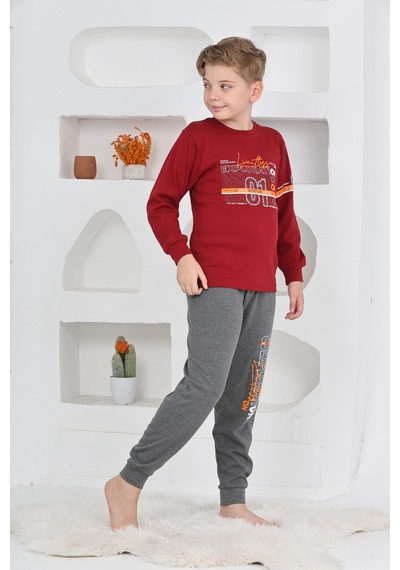 Modanino Erkek Çocuk Baskılı %100 Pamuk İnterlok Kumaş Pijama Takımı 12446 Bordo