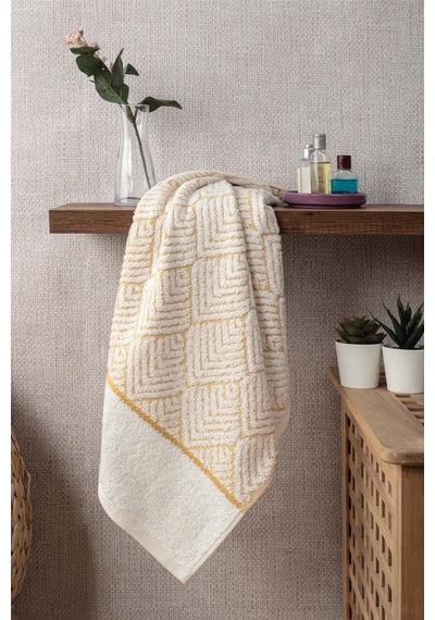 Geometrik Desenli Zemini Renkli Bambu El Havlusu - 50x90 Cm - Hardal Hardal