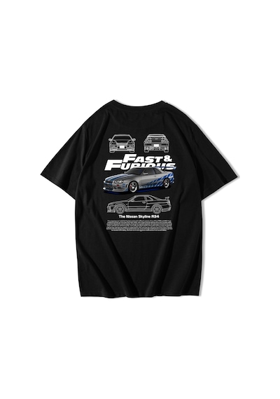 Brz Collection Unisex Oversize Fast & Furious Nissan Skyline R34 T-shirt Siyah