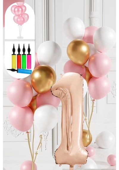 1 Yaş Balon Standlı Ve Pompalı Retro Gold Pembe Beyaz Balon Seti Rose Gold Rakamlı Süsleme Çok Renkli