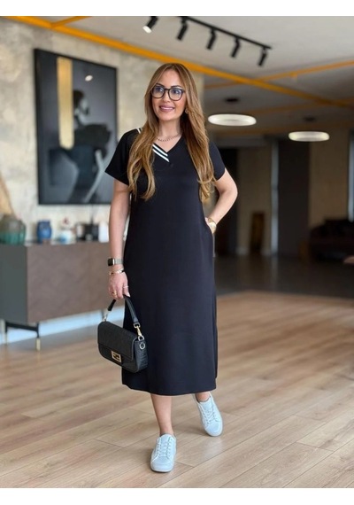 Veraura Lifestyle Kadın Kısa Kollu V Ribana Yakalı Yırtmaçlı Midi Viskon Iki Iplik Elbise Siyah