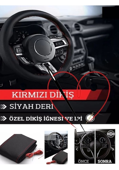 Renault Fluence 2010-2016 Deri Direksiyon Kılıfı Dikmeli Kırmızı Dikişli Diğer