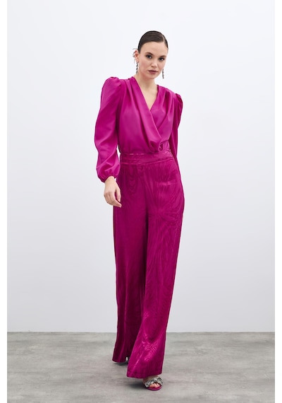 Sateen Kruvaze Vatkalı Bodysuit - Fuşya