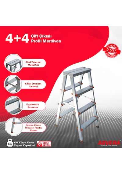 Asvera - 4+4 Basamaklı Çift Çıkışlı Galvanizli Profil Merdiven Ev, Bahçe, İşyeri İçin Uygun