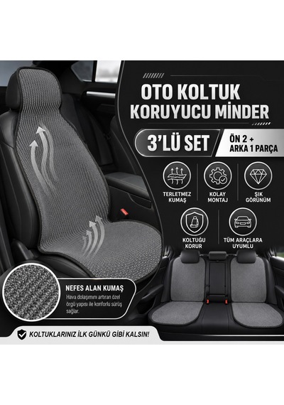 Oto Koltuk Koruyucu Minder 3 Lü Set Terletmez Kumaş Ön 2 Arka 1 Parça Siyah-Gri - Klmny55-F