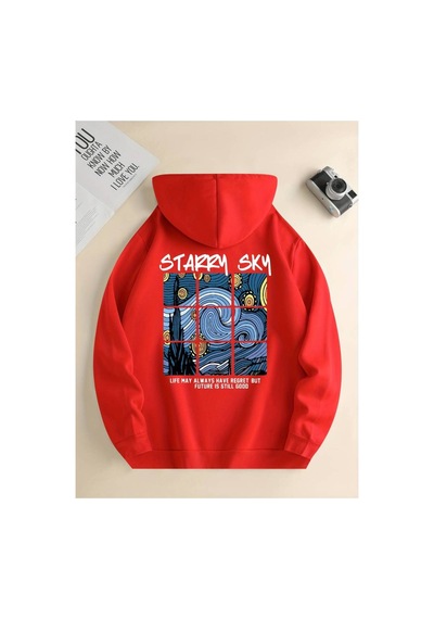 Medinenur Starry Sky Baskılı Kapüşonlu Sweatshirt Kırmızı