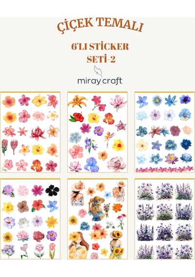 6 Sayfa Çiçek Temalı Sticker Seti 12x17 Cm Scrapbook, Bullet Journal, Planlayıcı İçin Diğer