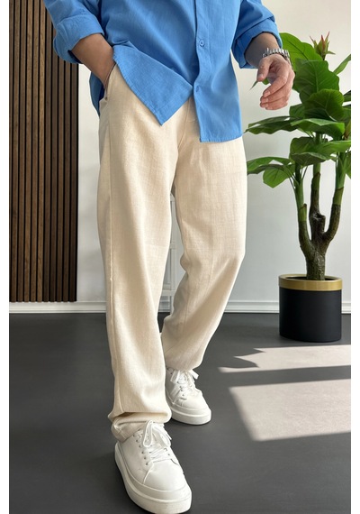 Edwox Erkek Beli Düğmeli Pantolon Krem Edw469
