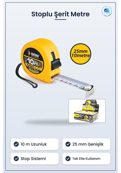 Şerit Metre 10 M X 25 Mm Stoplu Dayanıklı Çelik Plastik Gövdeli Ö