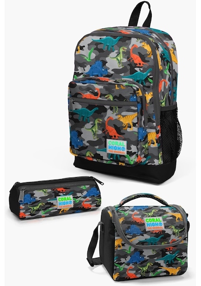 Coral High Kids Koyu Gri Siyah Kamuflaj Dinazor Desenli 3 Lü Okul Çanta Seti Set0123474