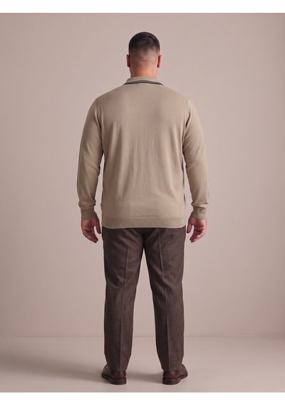 Maccali Erkek Bej Büyük Beden Gizli Fermuarlı Polo Yaka Triko Sweatshirt