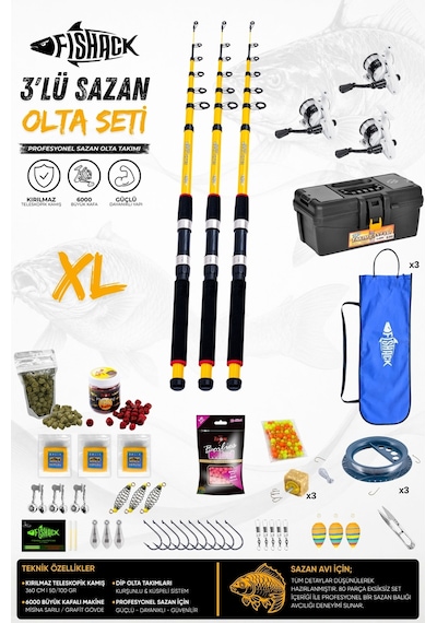 Full Set Profesyonel 3'lü Sazan Olta Seti - Xl - Kırılmaz Kamış - 3.60m/50gr