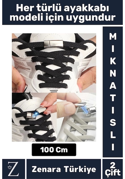 Zenara Premium Pratik Şık Klipsli Manyetik Mıknatıslı Lastikli Çocuk Ayakkabı Bağcığı 100 Cm 2 Çift Çok Renkli