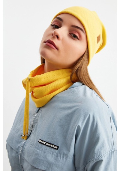 Butikgiz Kadın Balıkçı Style Pamuklu Kaşkorse Terletmez Ultra Hafif Yumuşak Bere Boyunluk Takım Sarı