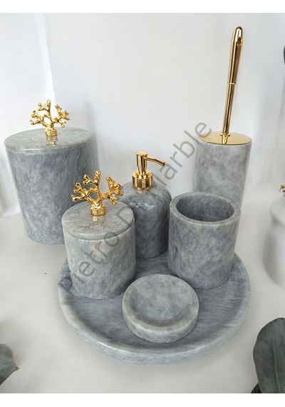 Gri Mermer Klasik Model 7 Parça Gold Renk Mercan Aksesuarlı Banyo Seti Gri