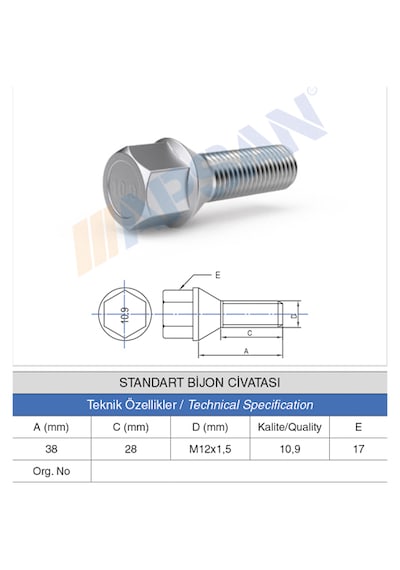 20 Adet Standart Bijon Civatası 28 Mm M12X1.5 DİŞ