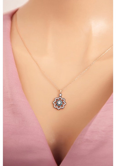 925 Ayar Gümüş Firuze Ve Zirkon Taşlı Rose Çiçek Motifli Bayan Kolye - 50 CM