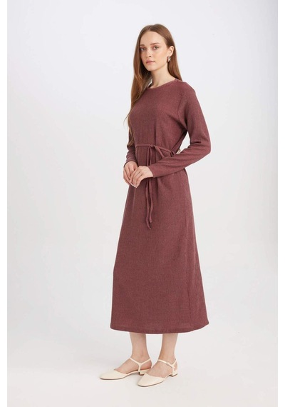DeFacto Regular Fit Bürümcük Uzun Kollu Midi Elbise D5024AX24AUBR467 Bordo