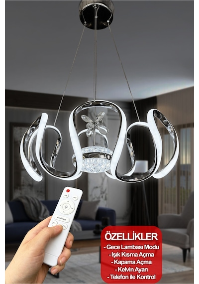 Eliza Tek Toplu Modern Yüksek Işık Gücü Ithal 3 Renk Kumandalı Led Avize Krom Kumandalı