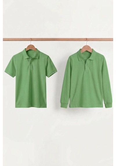 Nacar Store Unisex Çocuk Uzun Ve Kısa Kollu Polo Yaka Okul Tişörtü 2'li Set Fıstık Yeşil