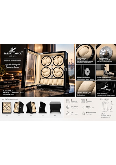 Watch Winder Brooklands Collection 8 Slotlu Ultra Sessiz Otomatik Saat Kurma Kutusu +5 Muhafaza Alanlı, Piano Siyah & Alcantara Krem