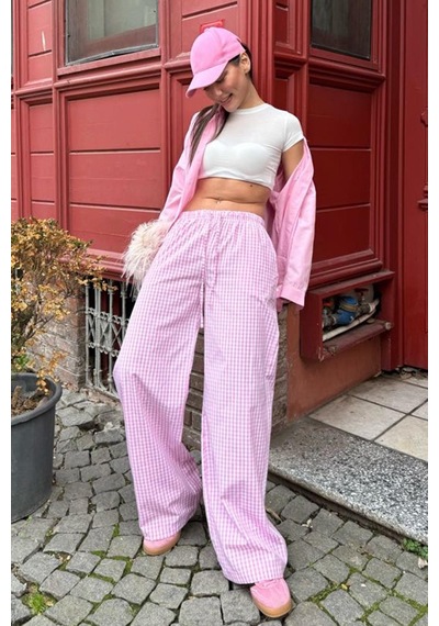 Madmext Pembe Beli Ayarlanabilir Ekoseli Bol Paça Kadın Pantolon Mg2335 Pembe