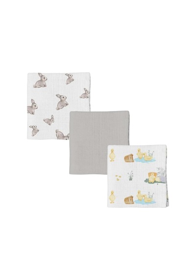 % 100 Pamuk 3'lü Müslin Bebek Örtüsü Iconıque Lapin & Petits Canetons & Cotton Grey 100x100 Throw3pack1003