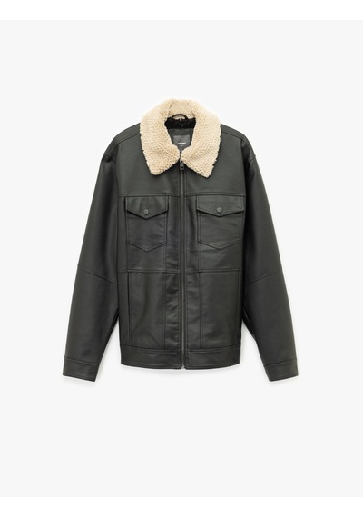 Koton Uzun Kollu Kapaklı Cep Detaylı Slim Fit Peluş Yaka Suni Deri Ceket Siyah 6wam20128hw